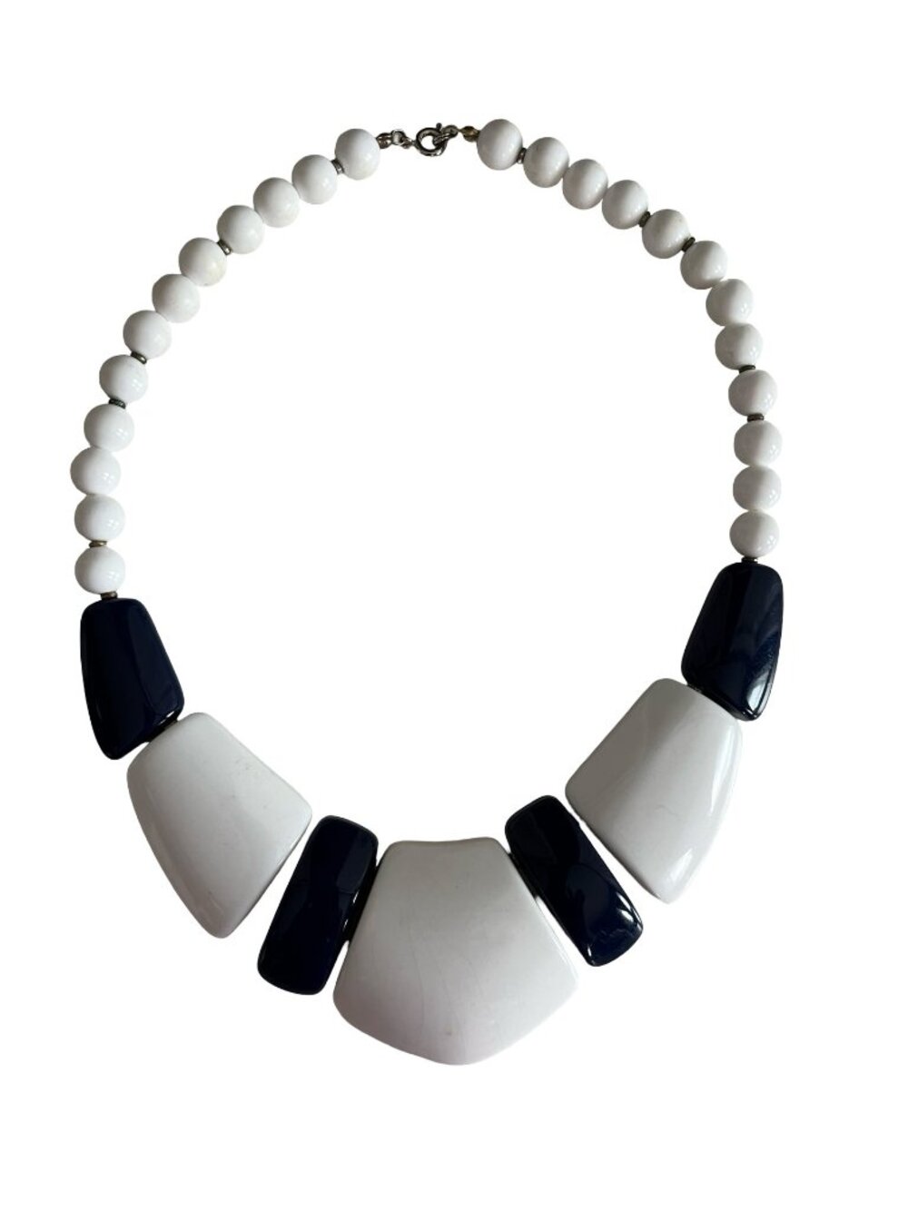Vintage Navy Blue & White Statement Necklace Chunky Beaded Geometric Bib 15"